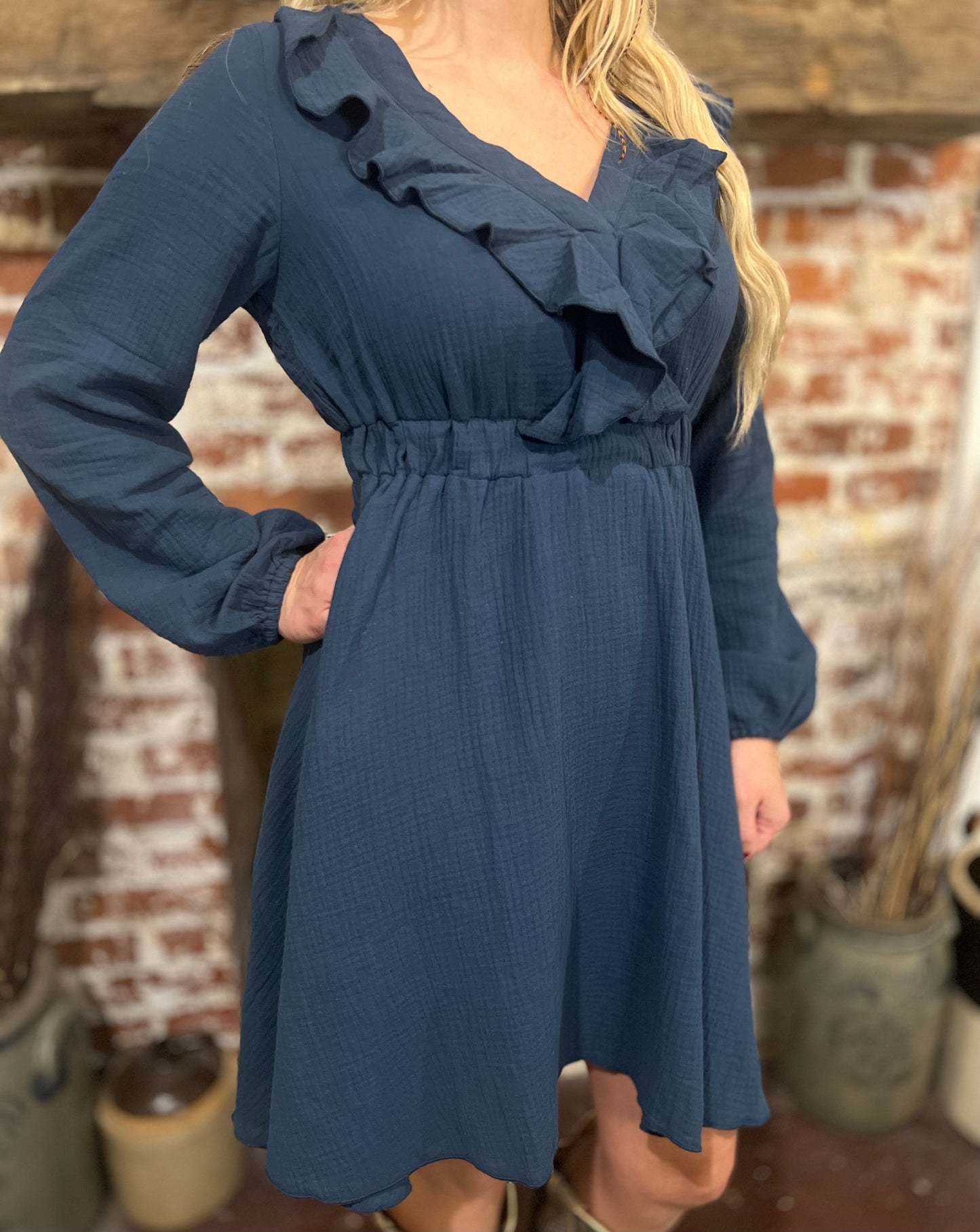 Textured V Neck Navy Dress