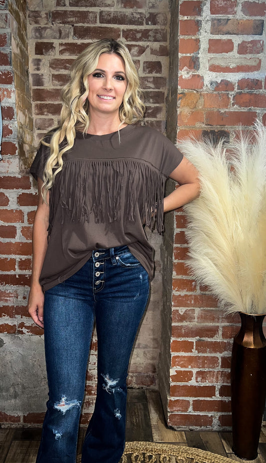 Oversized Brown Fringe Top