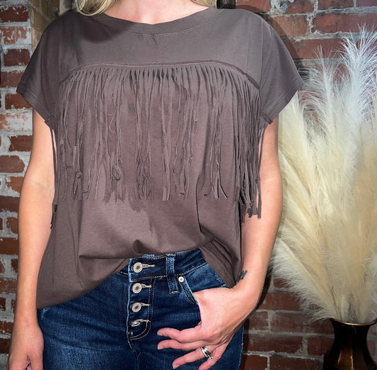 Oversized Brown Fringe Top